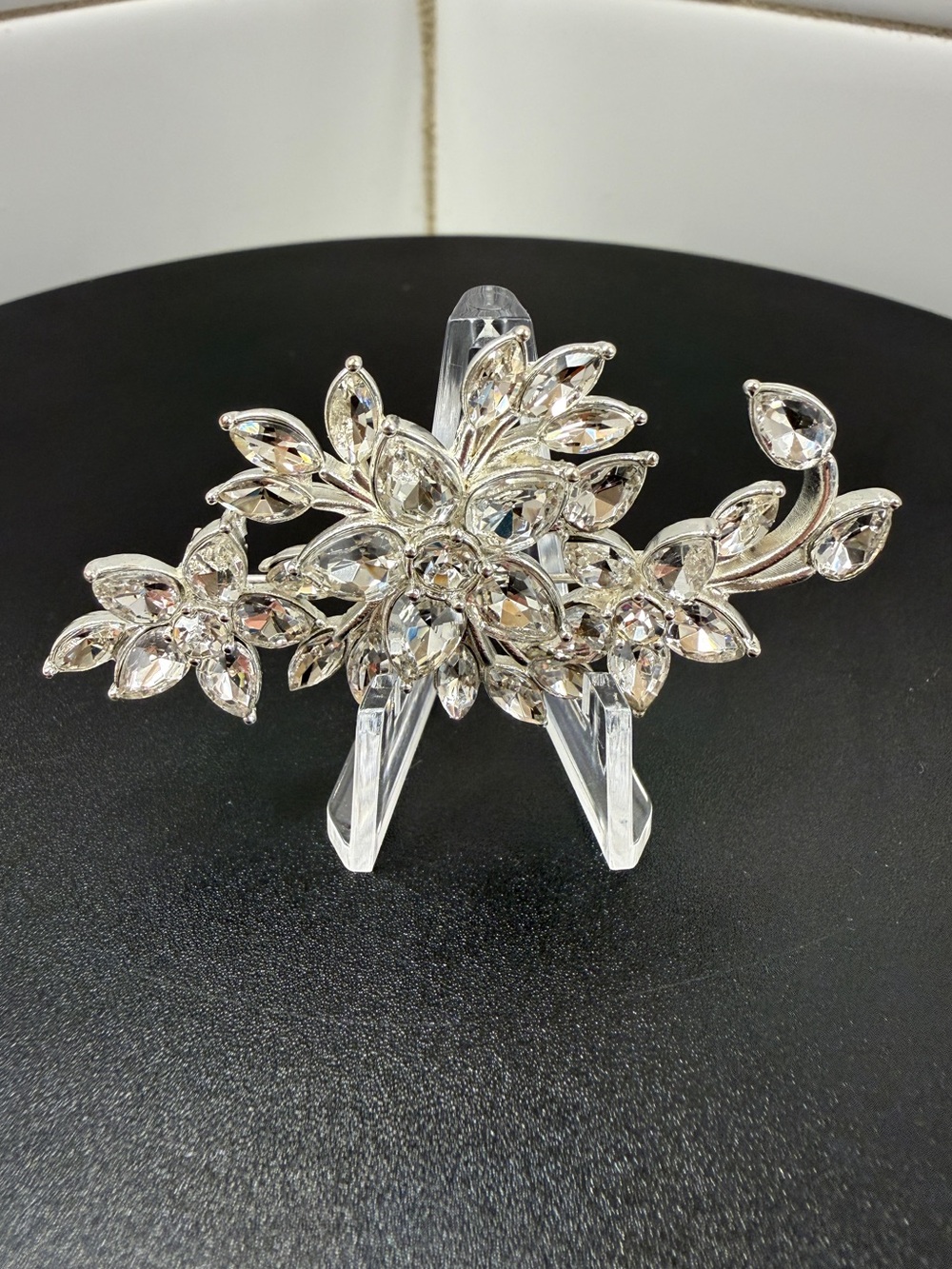 Silver Tone Crystal Floral Brooch - Elegant Sparkling Accent